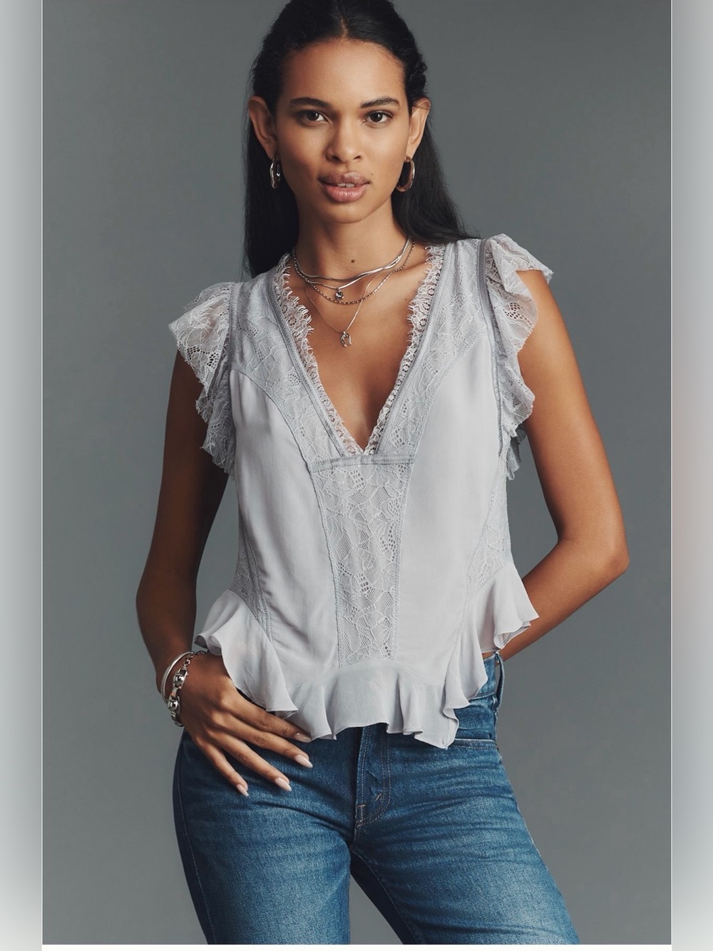 NWT By Anthropologie V-Neck Lace Trim Ruffle Top Size Small or Medium